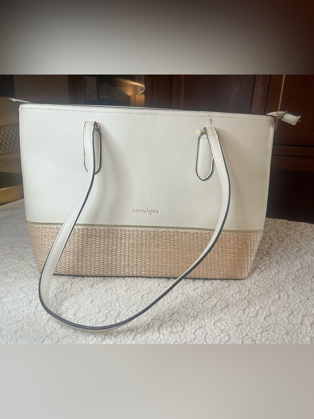 Nanette Lepore White & Woven Straw Tote Bag Large Zip Top Shoulder Purse